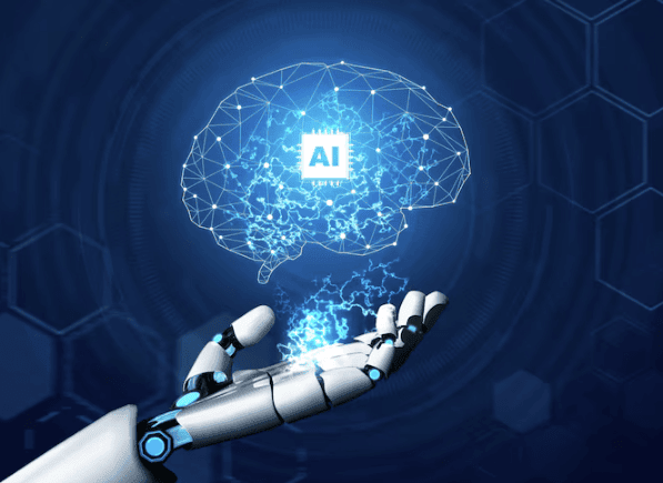 AI technology digital brain hologram representing artificial intelligence in robotics and tech innovation.