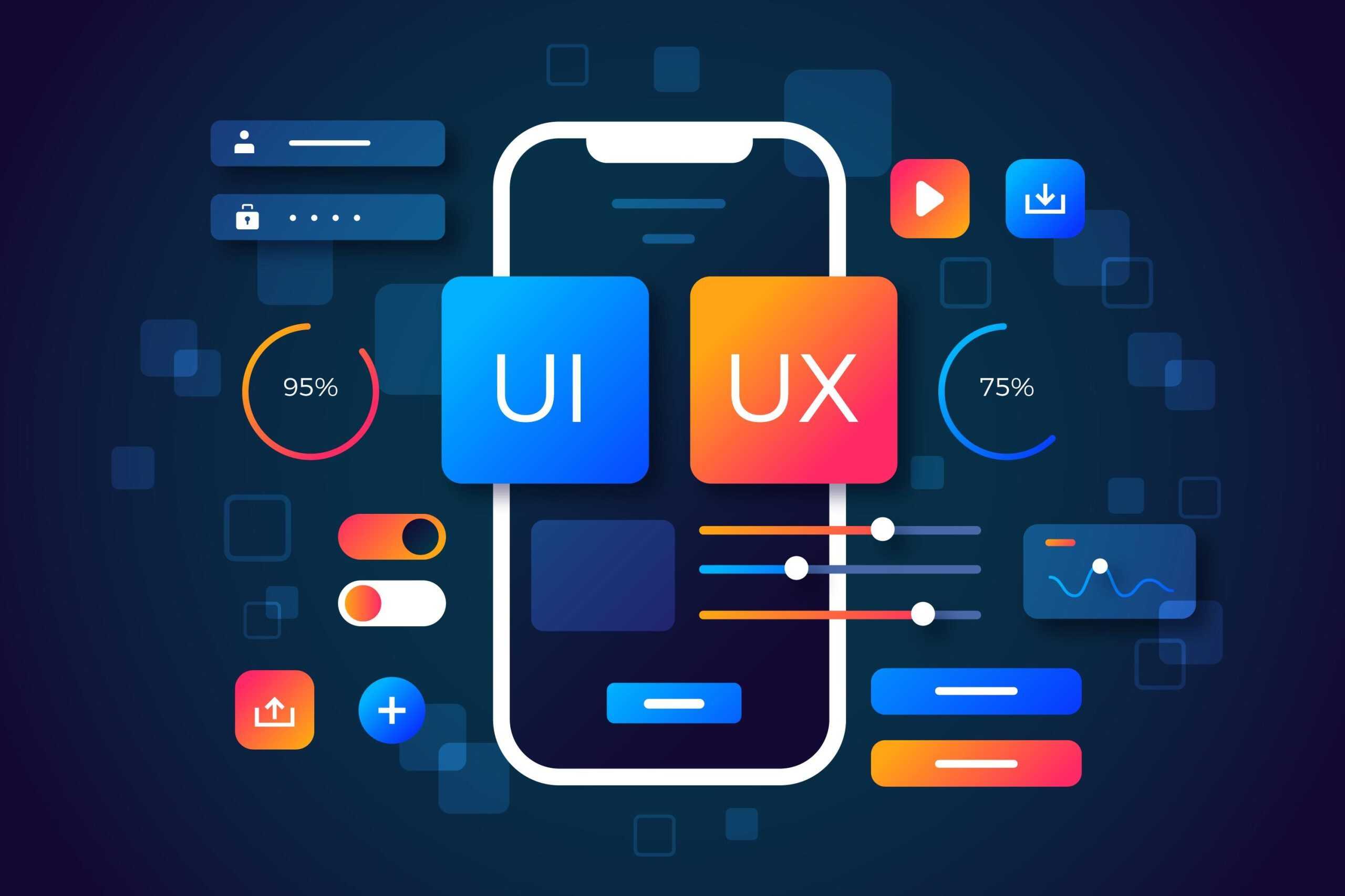 UI and UX design on mobile app interface, digital user experience, touchscreen user interface elements, colorful app icons, technology.