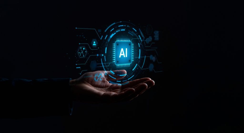 AI technology hologram, digital smart AI concept, futuristic artificial intelligence innovation, AI data hologram display.
