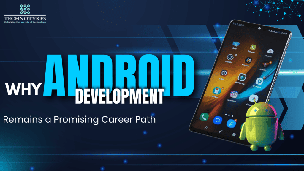 Smartphone with Android apps and a colorful Android mascot on digital background.