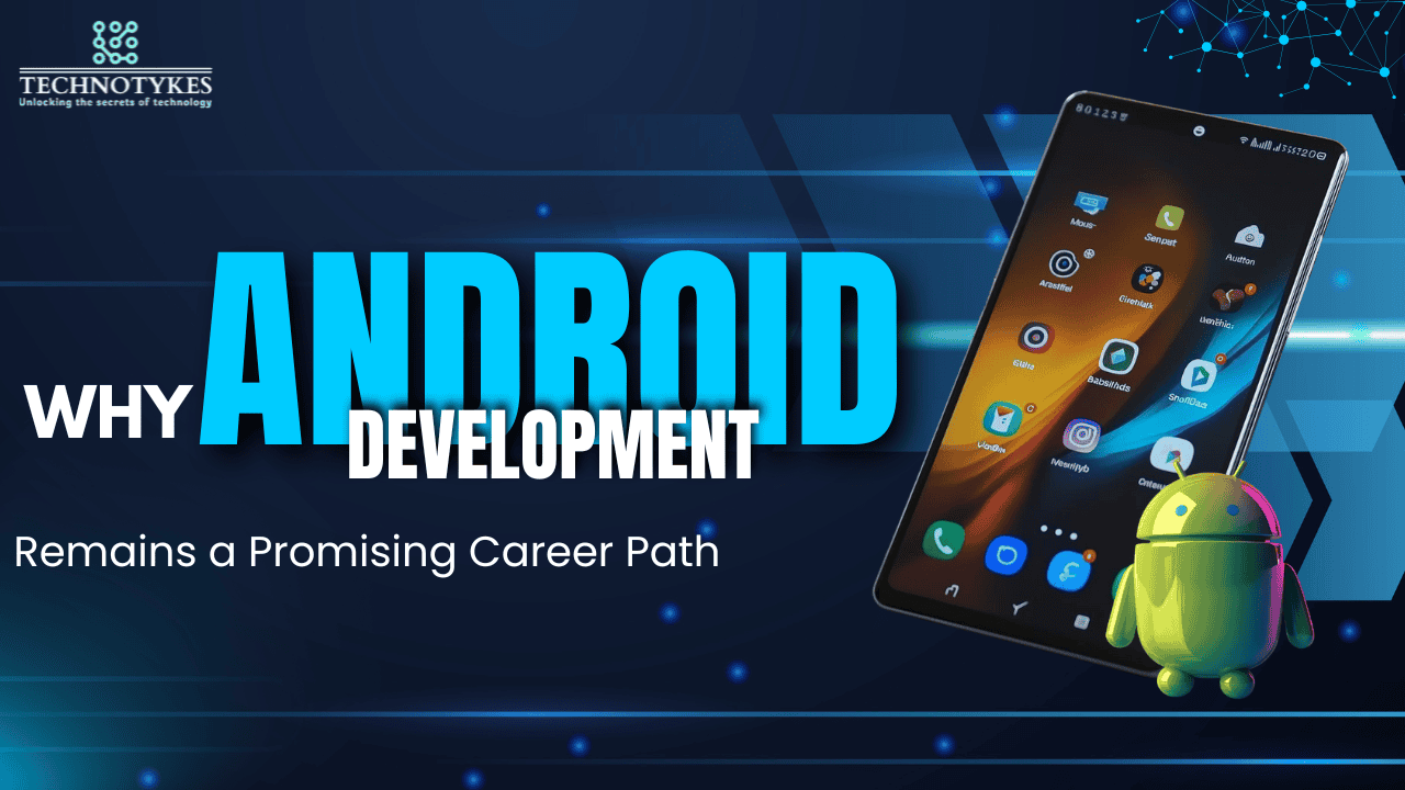 Smartphone with Android apps and a colorful Android mascot on digital background.