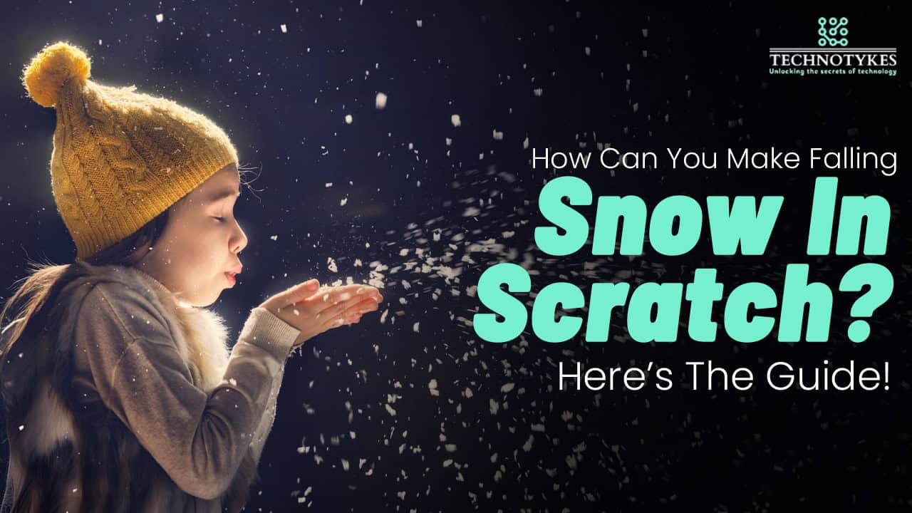 Snow falling on a girl in winter, promoting a guide on making snow in scratch.