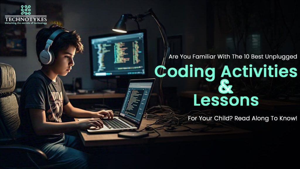 Young boy coding on a laptop in a dark room with multiple screens displaying programming code.