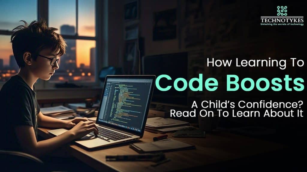 Young boy coding on a laptop in a dimly lit room with sunset view, promoting children's confidence i.