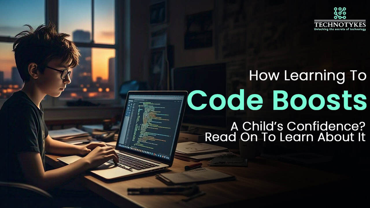 Young boy coding on a laptop in a dimly lit room with sunset view, promoting children's confidence i.