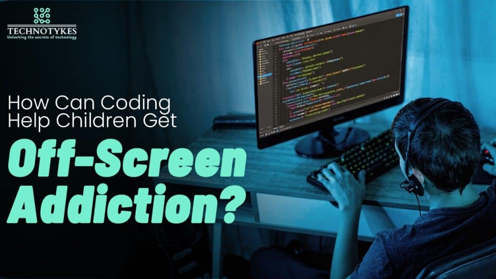 Young boy coding on computer with colorful screen, promoting tech education for children.