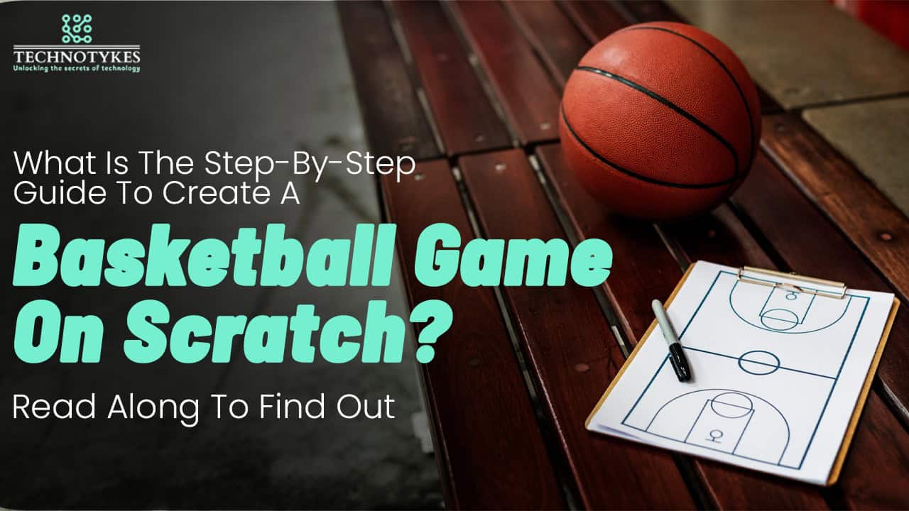 High school basketball strategy diagram with a basketball and coaching clipboard on wooden court flo.
