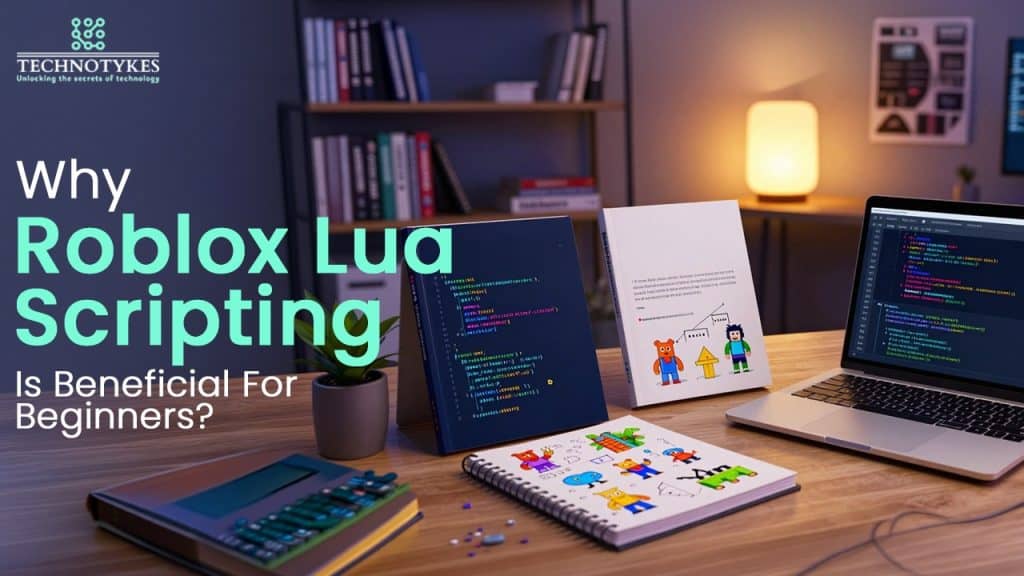 Roblox Lua scripting for beginners with coding books and laptops on a modern desk setup.