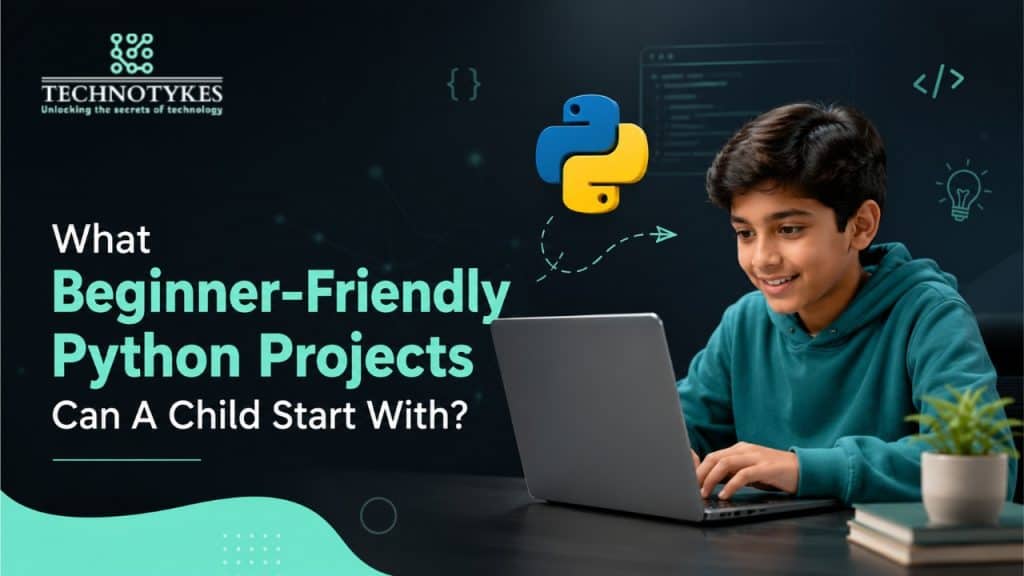 Young boy coding on a laptop with Python and tech icons in the background.