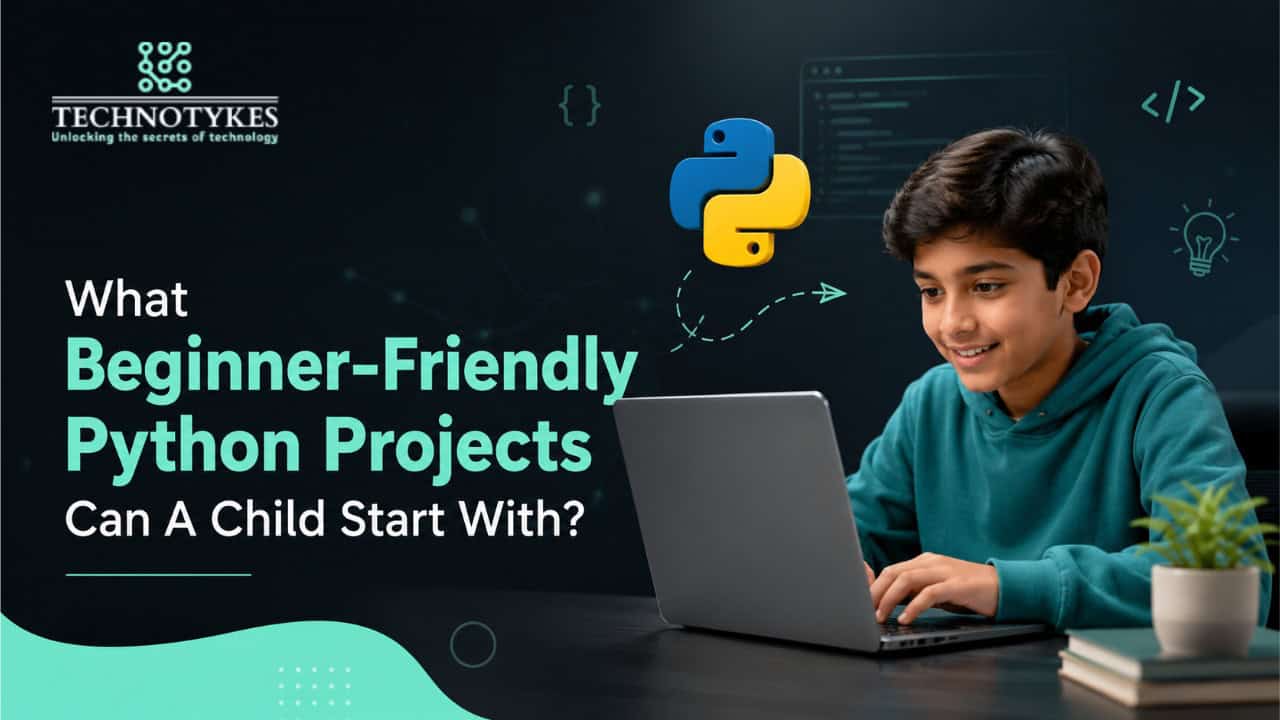 Young boy coding on a laptop with Python and tech icons in the background.