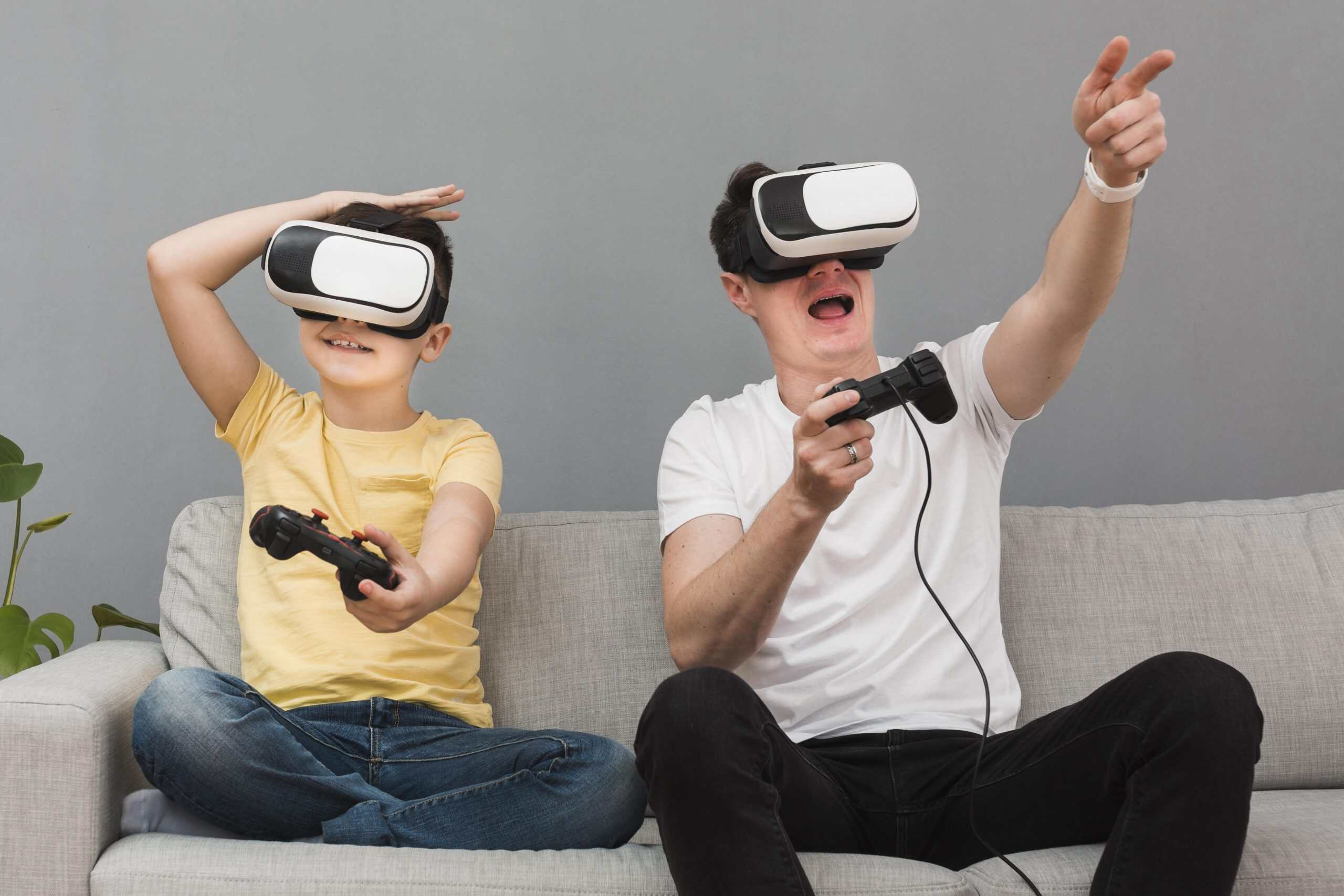 Children and adult enjoying virtual reality gaming together at home.