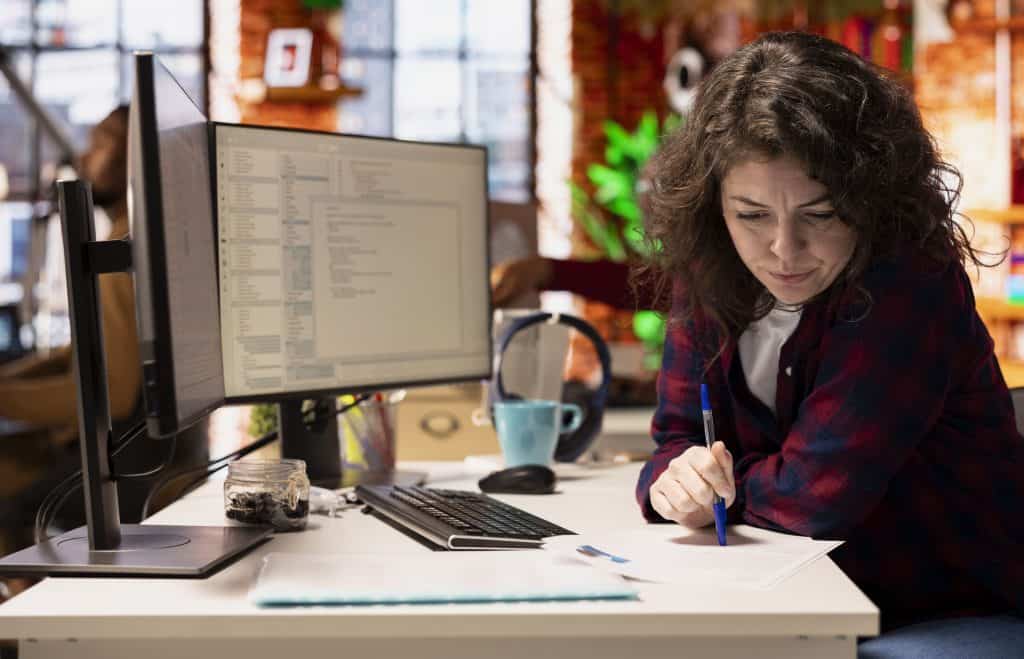Young woman working at a computer in a modern office setting.