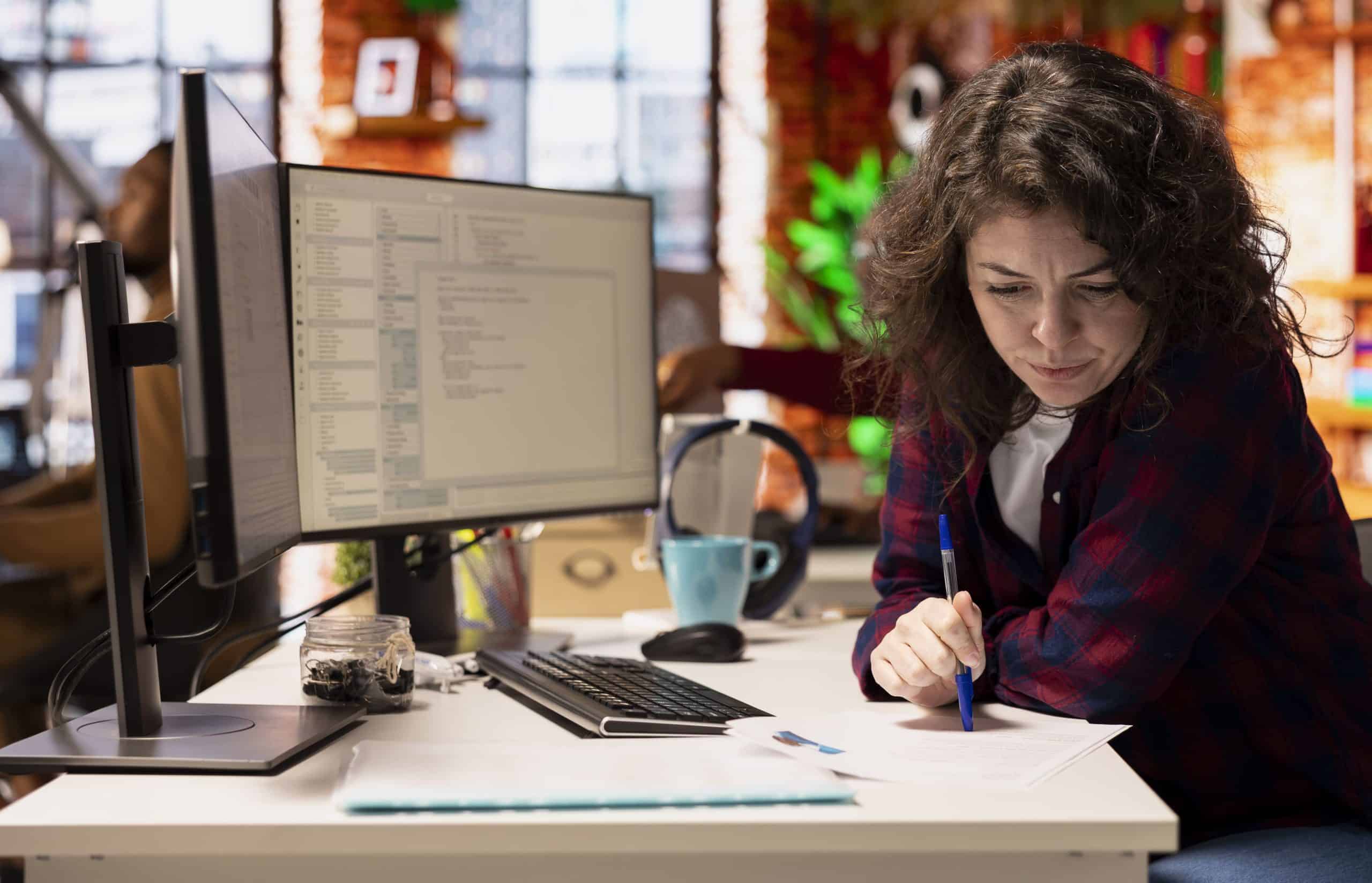 Young woman working at a computer in a modern office setting.