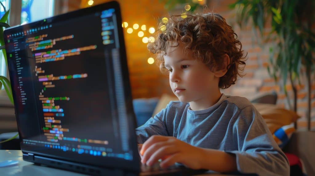 Young boy coding on a laptop with colorful code on screen in a cozy room.