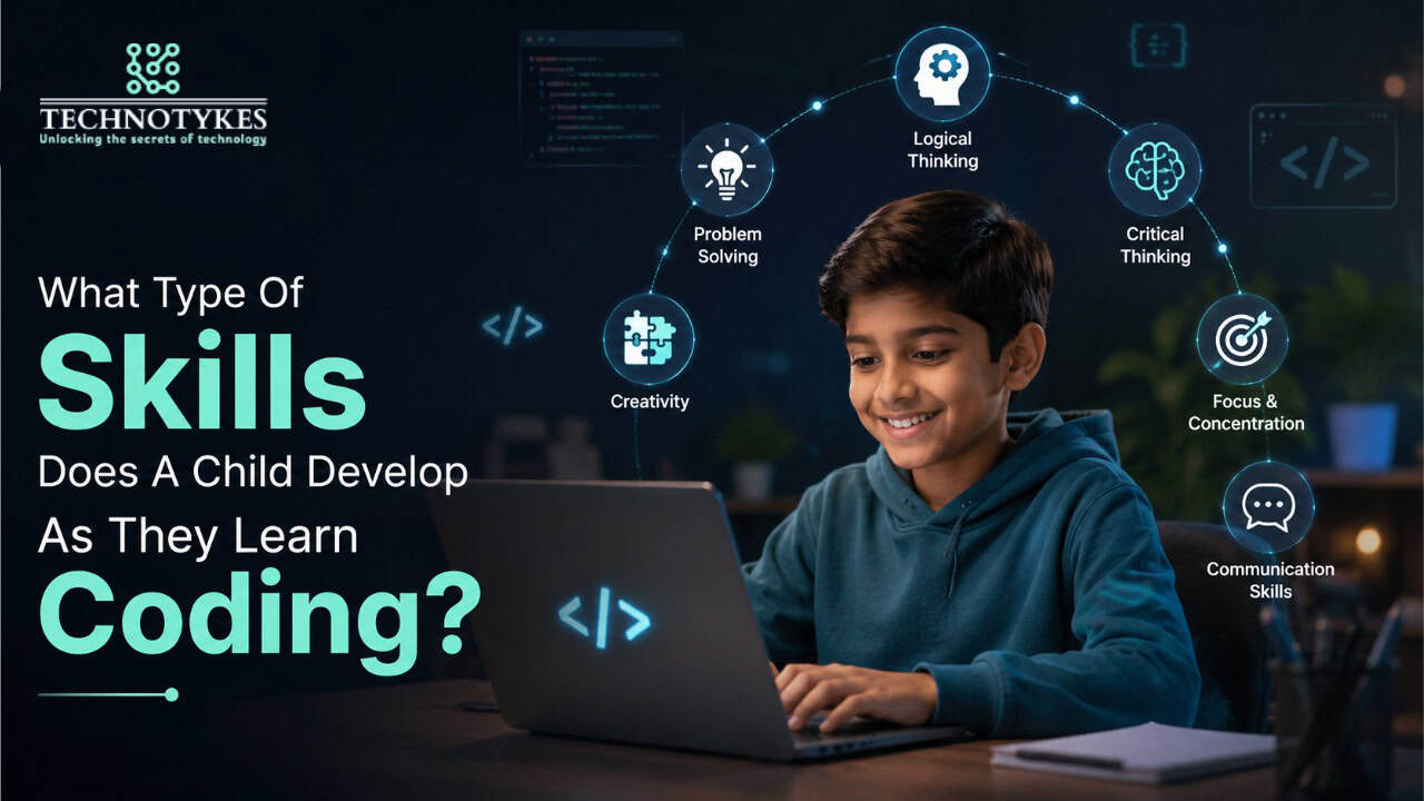 Young boy learning coding skills on a laptop with tech icons around him.