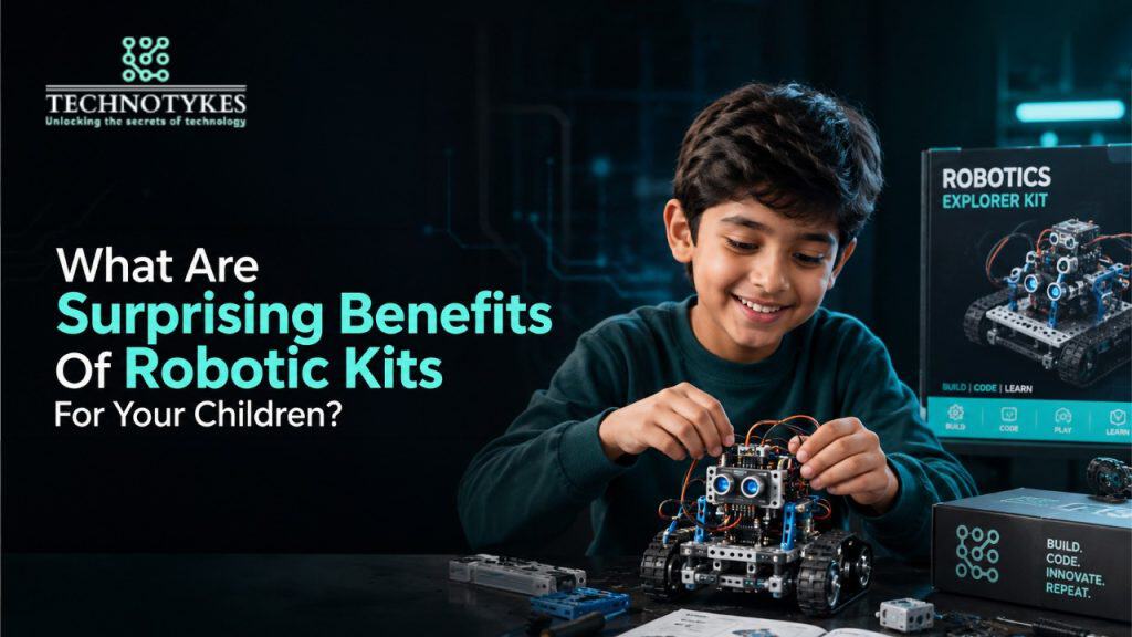 Young boy assembling a robotic kit with a digital background about robotics benefits.
