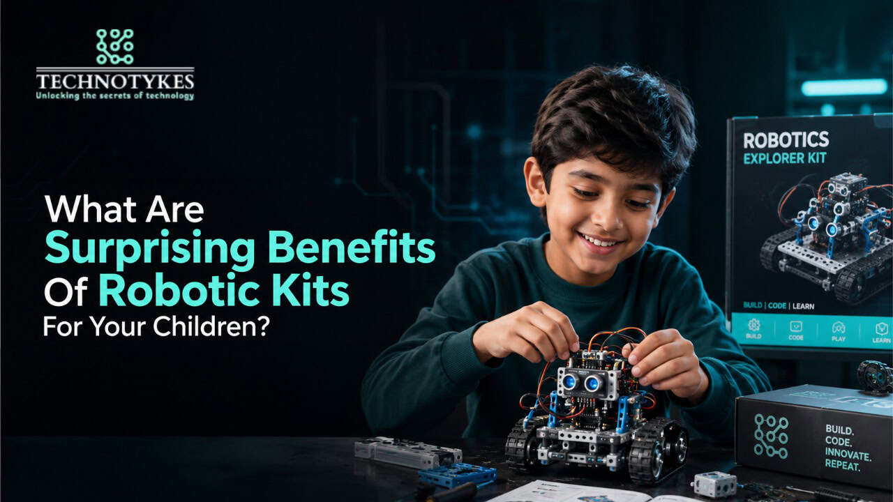 Young boy assembling a robotic kit with a digital background about robotics benefits.