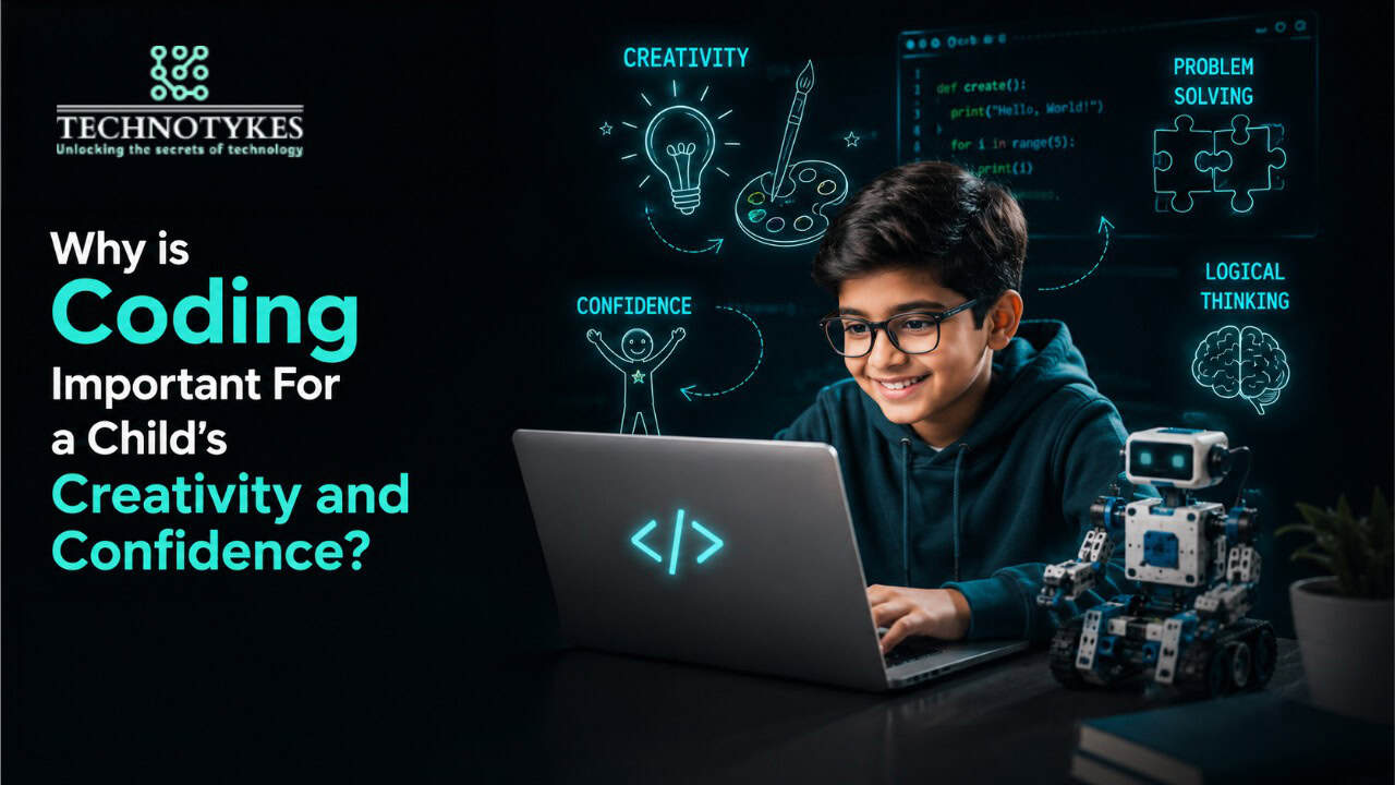 Child coding on laptop with robotics and creative icons in background.