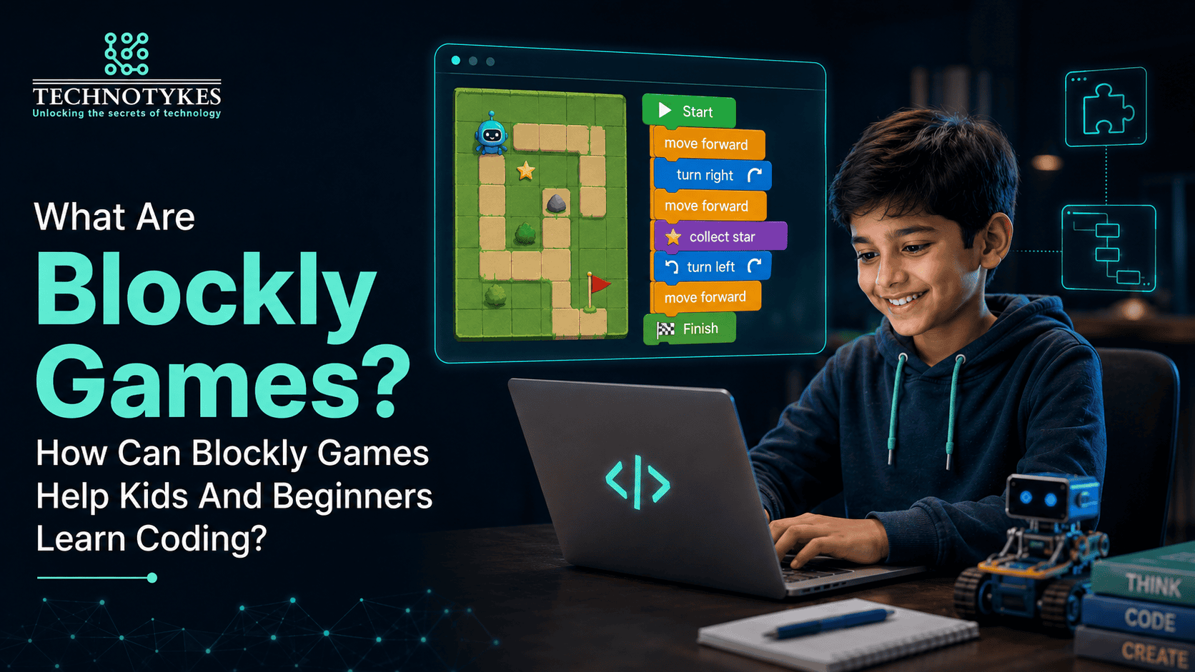 Young boy learning coding with Blockly games on a laptop at Techno Tykes.