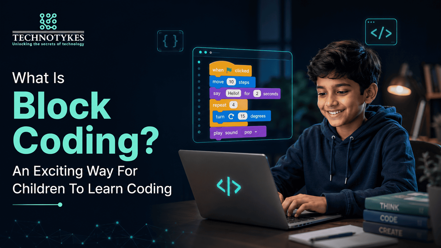 Child coding with a laptop, learning block coding for kids at Techno Tykes.