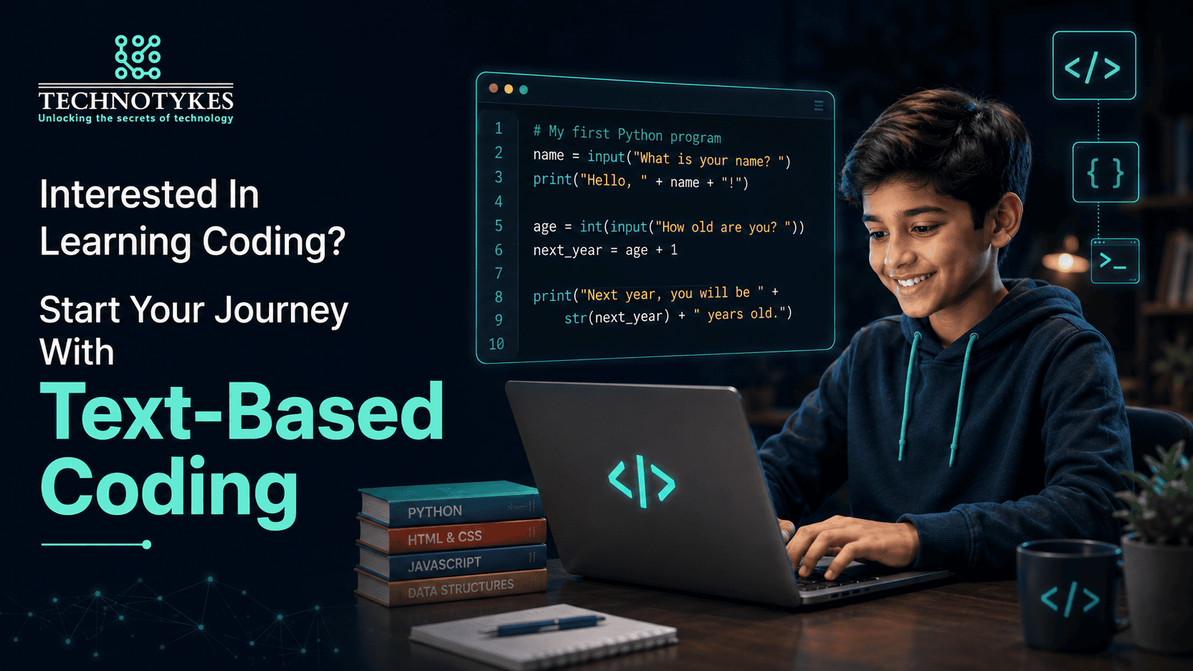 Young boy coding with a laptop and programming code on screen at Techno Tykes.