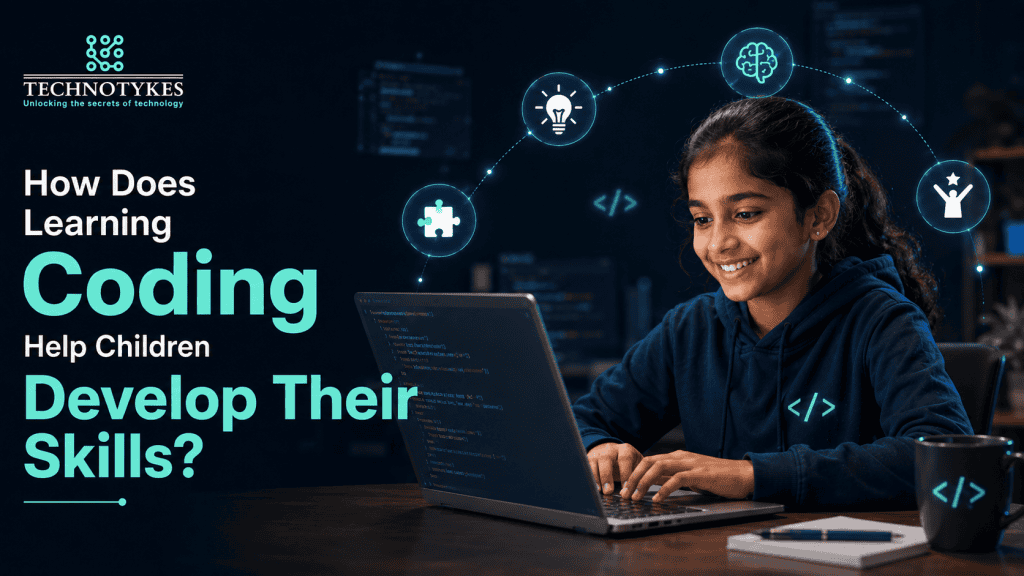 Indian child learning coding on a laptop and developing creativity, logical thinking and problem-solving skills.