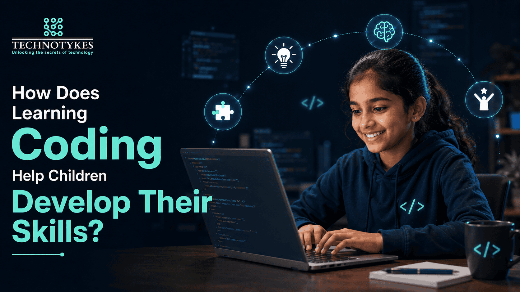 Indian child learning coding on a laptop and developing creativity, logical thinking and problem-solving skills.
