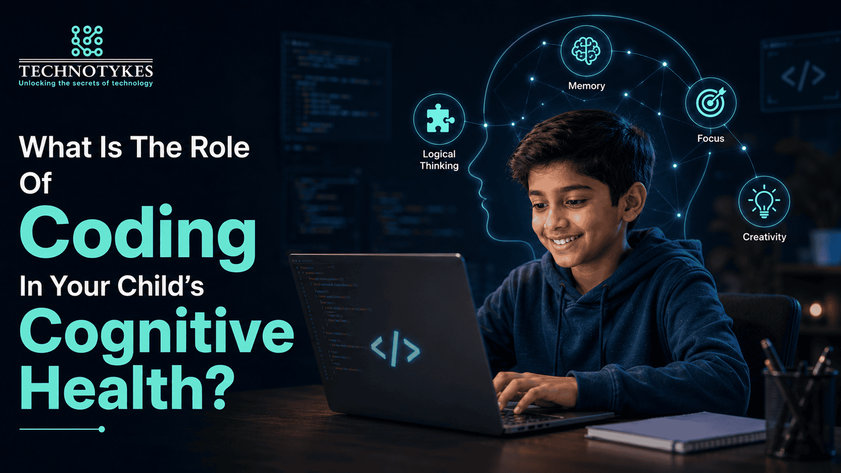 Young boy coding on a laptop with digital brain graphics in the background.